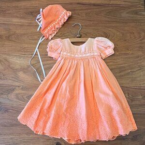 Custom Dyed Orange Ombre Dress with Lace & Ribbon Trim Skinny Sash & Bonnet